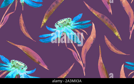 Blaue Daisy (Echinacea) Blumen und Blätter, Handgemalten Aquarell Illustration, nahtlose Muster auf dunklem lila Hintergrund Stockfoto