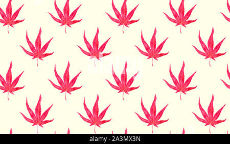 Japanischer Ahorn (Marihuana) rote Blätter, handbemalte watercolor Illustration, nahtlose Muster Design auf weichem gelben Hintergrund Stockfoto