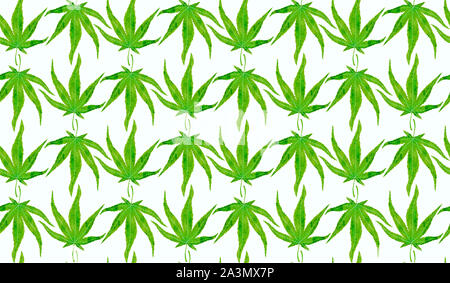 Japanischer Ahorn (Marihuana) grüne Blätter, Handgemalten Aquarell Illustration, nahtlose Muster auf weißem Hintergrund Stockfoto