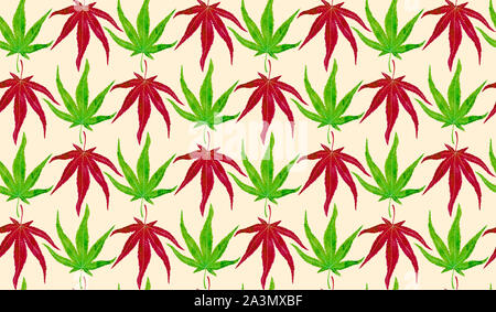 Japanischer Ahorn (Marihuana) rote und grüne Blätter, Handgemalten Aquarell Illustration, nahtlose Muster Design auf weichem gelben Hintergrund Stockfoto