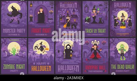 10 Halloween Poster mit Hexen, Vampire, Zombies, Werwölfe und Grim Reaper. Halloween flyer Sammlung Stock Vektor