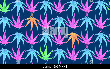 Japanischer Ahorn (Marihuana) bunte Blätter, handbemalte watercolor Illustration, nahtlose Muster auf dunkelblauem Hintergrund Stockfoto