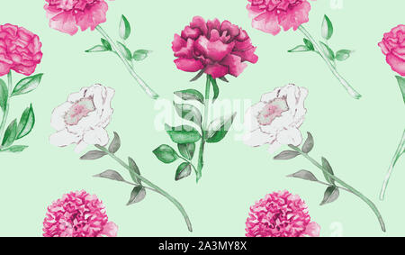 Pfingstrose rosa und weißen Blüten und Blätter, Handgemalten Aquarell Illustration, nahtlose Muster Design auf weichem grünen Hintergrund Stockfoto