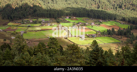 Ruhiges Dorf mit Häusern in Berg Tal in Bhutan. Stockfoto