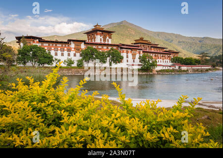 Punakha, Bhutan, 07. November 2011: Ansicht des Punakha Dzong am Ufer des Flusses. Stockfoto