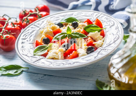 Caprese Salat mit Mozzarella Käse frische Tomaten Oliven und Basilikum. Italienischen oder mediterranen gesunde Mahlzeit Stockfoto