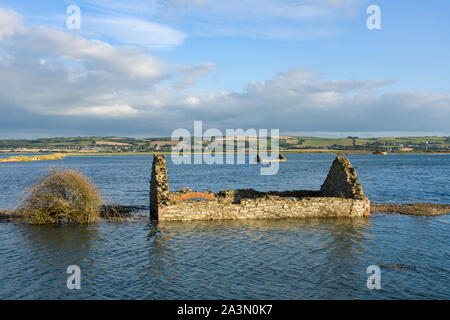 Überflutet Horsey Insel aus Brannenburg Marsh, Braunton, Devon, England. Stockfoto