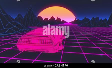 Cyberpunk Auto im 80er Jahre Stil bewegt sich auf einer virtuellen neon Landschaft. 3D-Rendering. Stockfoto