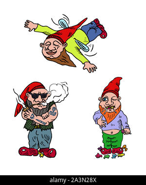 Lustige Zwerge, in hat Fliegen mit kleinen Flügeln, Süßes gnome Essen Lutscher, kühles Rauchen Pfeife, bunte doodle Skizze Abbildung Stockfoto