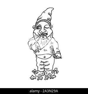 Lustig Sweet Tooth gnome in hat Essen viele Lutscher, Hand gezeichneten Umriss doodle Skizze Illustration, perfekt für Karte, Einladung, Gruß design Stockfoto