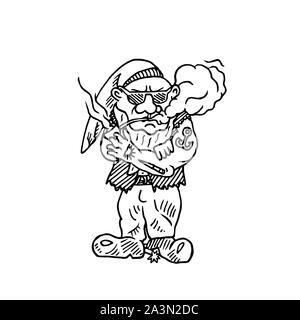 Cool gnome mit Tätowierungen in hat rauchen Pfeife, Hand gezeichneten Umriss doodle Skizze Illustration, perfekt für Karte, Einladung, Gruß design Stockfoto