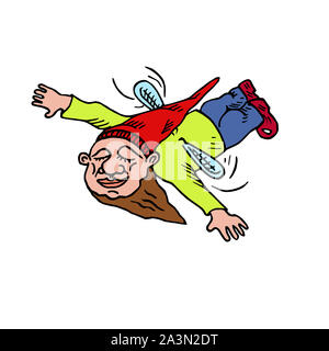 Lustige gnome in Red Hat fliegen mit kleinen Flügeln, Hand gezeichnet Bunte doodle Skizze Illustration, perfekt für Karte, Einladung, Gruß design Stockfoto