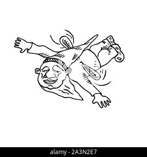 Lustige gnome in hat Fliegen mit kleinen Flügeln, Hand gezeichneten Umriss doodle Skizze Illustration, perfekt für Karte, Einladung, Gruß design Stockfoto