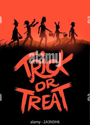 Eine Gruppe von Kindern Süßes oder Saures auf Halloween mit einem Trick oder Festlichkeit. Vector Illustration. Stock Vektor