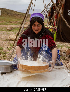 Shiraz, Iran - 2019-04-09-Qashgal Frau macht Brot von zu Hause Boden Mehl. Stockfoto