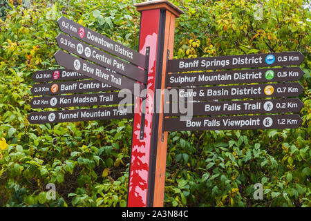 Praktische Richtung Zeichen in der touristischen Stadt Banff Alberta Kanada Stockfoto