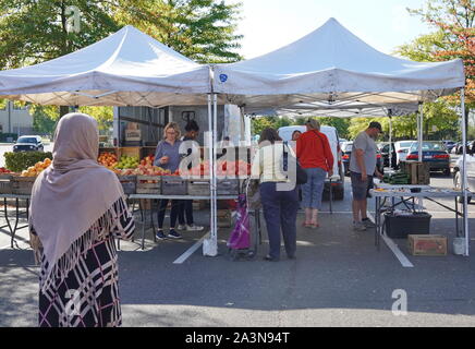 Chantilly, VA/USA - 19. September 2019: Frau mit Kopftuch zu entscheiden, was an der Chantilly Gemeinschaft Foodworks Farmers Market zu kaufen Stockfoto