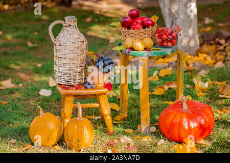 Herbst Komposition mit Äpfel, Kürbis und Trauben im Garten gelegen. Herbst Ernte. Sonnig warmen Tag, Herbst Laub und Blumen. Stockfoto