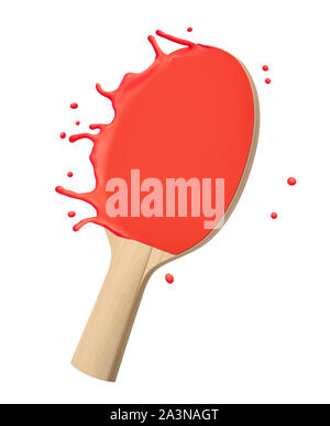 3D-Rendering von Tischtennis Schläger mit roten schmelzen Gummi Spritzer Tropfen um auf weißem Hintergrund. Stockfoto