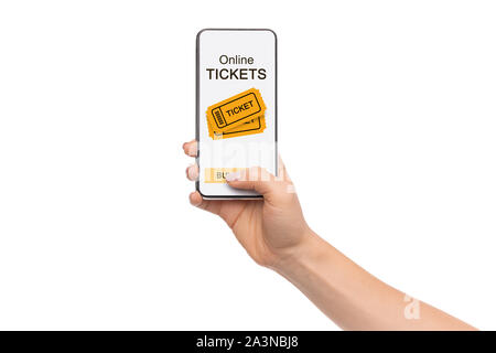 Frau Download Event Tickets Anwendung auf Smartphone auf weißem Hintergrund Stockfoto