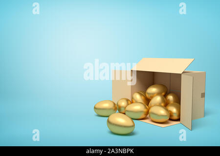 3D-Rendering von Karton liegend sidelong voller goldener Eier auf hell-blauen Hintergrund. Stockfoto