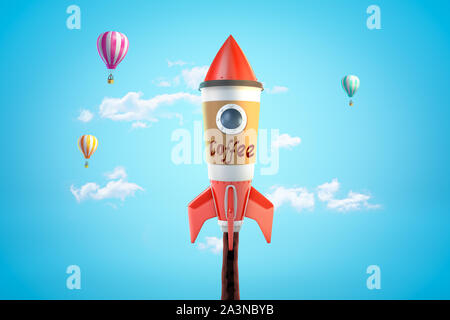 3D-Rendering von Toy rocket aus Kaffee Tasse in blauer Himmel mit Heißluftballons im Hintergrund. Stockfoto