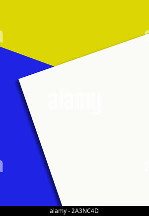 Weißes Blatt Papier auf blauem und gelbem Hintergrund Vorlage. Stockfoto