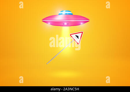 3D-Rendering von Pink UFO gegen gelben Hintergrund fliegen und mit Gravitation Kräfte zu heben 'Ufo' Schild in Richtung seiner Limousine. Stockfoto