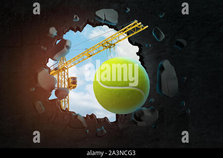 3D-Rendering von Hebekran mit Tennisball und Brechen das Loch im schwarzen Wand mit blauer Himmel durch gesehen. Stockfoto