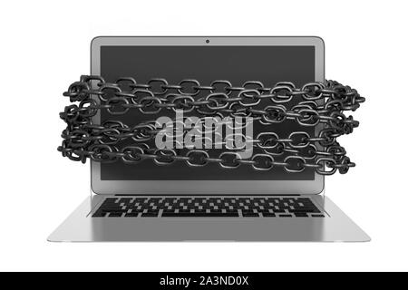 3D-Rendering des offenen Laptop mit Ketten um seinen schwarzen Bildschirm auf blauem Hintergrund gebunden. Stockfoto