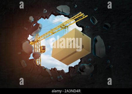 3D-Rendering von Hebekran mit Karton und Brechen das Loch im schwarzen Wand mit blauer Himmel durch gesehen. Stockfoto