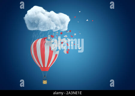 3D-Rendering von gestreiften Heissluftballon, der bereits begonnen hat, in Stücke unter regnet Cloud auf blauem Hintergrund copyspace zu brechen. Stockfoto
