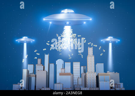 3D-Rendering von drei silbernen Metall ufo über Wolkenkratzer mit Dollars in der Luft auf und blauer Himmel Stockfoto