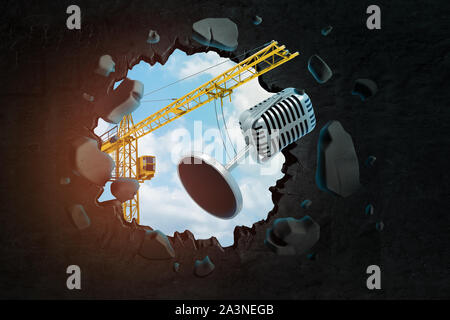 3D-Rendering von hebekran Durchführung metall Mikrofon und krachend durch schwarze Wand mit blauem Himmel durch das Loch gesehen. Stockfoto