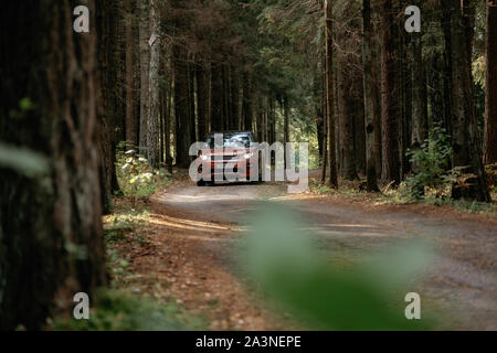 Minsk, Weißrussland - September 24, 2019: Land Rover Discovery Sport auf Landstraße n Herbst Wald landschaft. Stockfoto