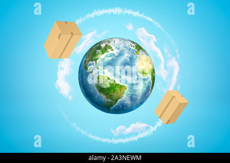 3D-Rendering der Erde durch weiße Wolken umgeben, und zwei große Kartons um ihn herum fliegen im blauen Himmel. Stockfoto