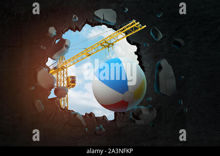 3D-Rendering von hebekran Durchführung beach ball und Brechen das Loch im schwarzen Wand mit blauer Himmel durch gesehen. Stockfoto
