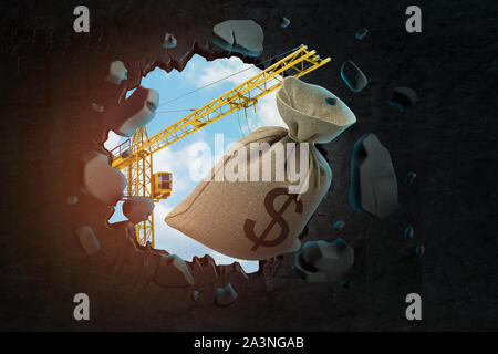 3D-Rendering von Hebekran mit Canvas Tasche mit Dollarzeichen auf und bricht die Wand, dass Loch mit blauem Himmel durch gesehen. Stockfoto