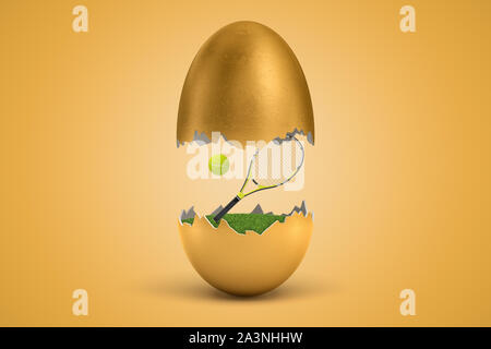 3D-Rendering von Gold Ei in zwei Risse, mit Tennisschläger und Ball schwebend in der Luft zwischen den beiden Hälften. Stockfoto