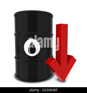 Ölfass mit rotem Pfeil. 3d-Abbildung auf weißem Hintergrund Stockfoto