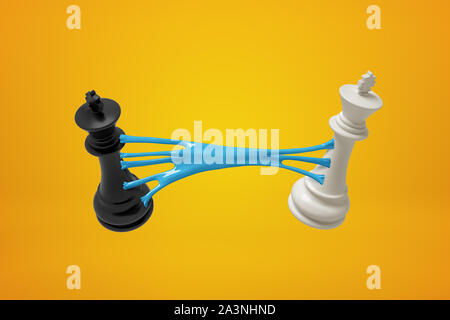 3D-Rendering von Schwarz und Weiß schach Könige, mit blauen klebrigen Schleim verbunden ist, gegen den gelben Hintergrund. Stockfoto
