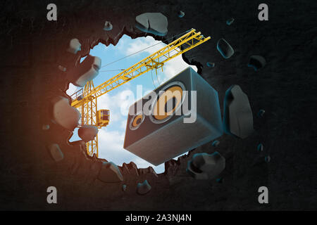 3D-Rendering von Hebekran mit Sound Spalte Lautsprecher und das Loch in der Wand mit blauem Himmel durch gesehen. Stockfoto