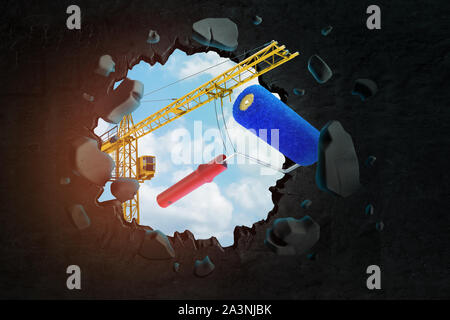 3D-Rendering von Hebekran mit blauer Farbe Roller und Brechen das Loch im schwarzen Wand mit blauer Himmel durch gesehen. Stockfoto