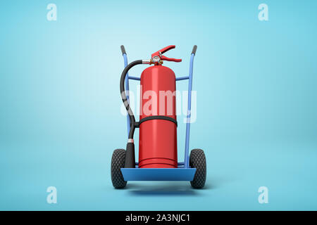 3D-Rendering des großen roten Feuerlöscher auf blaue Hand Lkw, der in der Hälfte steht ist: Schalten Sie in den hellblauen Hintergrund mit kopieren. Stockfoto