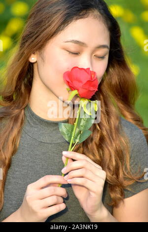 Junge Frau riecht eine Rose Stockfoto