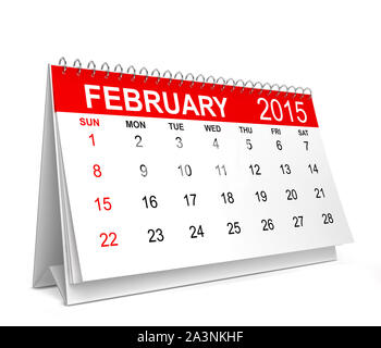 2015 Kalender. Februar. 3d-Abbildung auf weißem Hintergrund Stockfoto