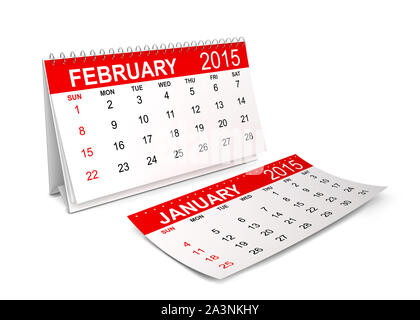2015 Kalender. Februar. 3d-Abbildung auf weißem Hintergrund Stockfoto
