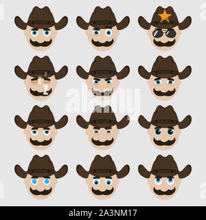 Satz von cute cowboy Emoticons. Vector Illustration. Stock Vektor