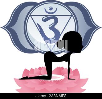 Meditation Yoga Asana auf Lotus mit blauen Om Chakra Mandala Stock Vektor