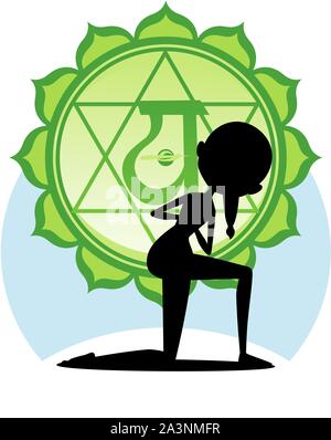 Meditation Yoga Asana auf Lotus mit grünen Chakra Mandala Vector Illustration. Stock Vektor